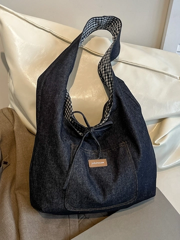 Damen Wendbare Denim Tragetasche Große Kapazität Schachbrett Segeltuch Umhängetasche Casual College Pendler Handtasche Mit Schleife