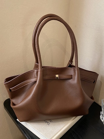 Vintage Large Capacity Pleated PU Leather Tote Bag For Women Retro Commuter Shoulder Bag Solid Lychee Pattern Underarm Bag