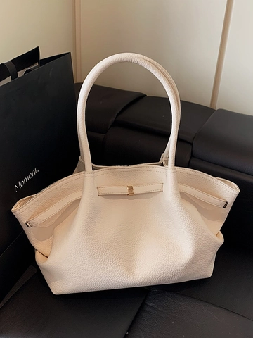 Vintage Large Capacity Pleated PU Leather Tote Bag For Women Retro Commuter Shoulder Bag Solid Lychee Pattern Underarm Bag