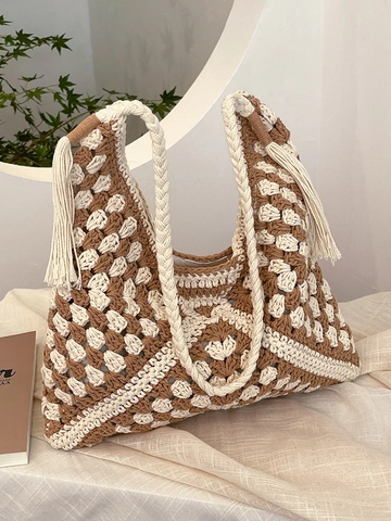 Borsa a Tracolla Intrecciata All'uncinetto Fatta a Mano Stile Bohemien Tote Bag Con Nappine Motivo Geometrico per Donna