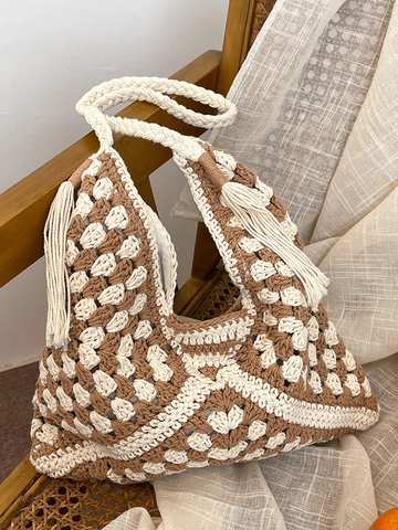 Borsa a Tracolla Intrecciata All'uncinetto Fatta a Mano Stile Bohemien Tote Bag Con Nappine Motivo Geometrico per Donna