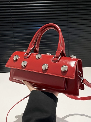 Dames Geklinknagelde Baguettetas Glanzend PU Leer Crossbody Schoudertas Street Style Klinknagels Decor Spice Girl Satchel