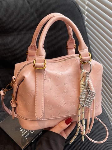 Bolso Bandolera Estilo Coreano para Mujer de Cuero PU con Patrón de Perro de Dibujos Animados en Relieve y Colgante de Metal