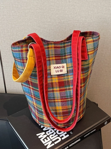Bolso Tote Vintage a Cuadros Color Block para Mujer Estilo Preppy Gran Capacidad Bolso de Hombro de Lona para Escuela Viaje Diario