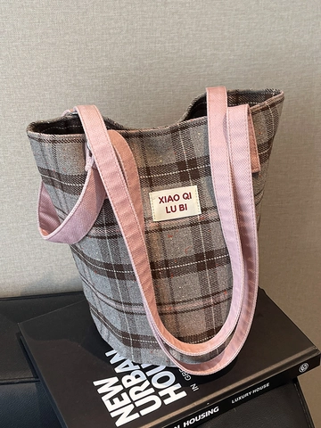 Bolso Tote Vintage a Cuadros Color Block para Mujer Estilo Preppy Gran Capacidad Bolso de Hombro de Lona para Escuela Viaje Diario