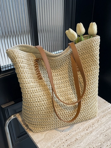 Bolso Tote de Paja Tejida Casual para Mujer Gran Capacidad Calado Bolso de Hombro de Playa para Vacaciones de Verano Compras Viaje