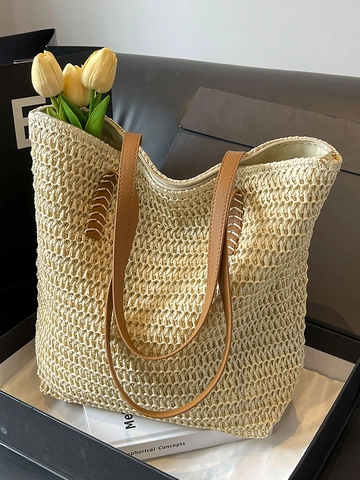 Bolso Tote de Paja Tejida Casual para Mujer Gran Capacidad Calado Bolso de Hombro de Playa para Vacaciones de Verano Compras Viaje