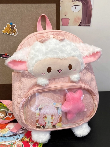 Süßer Lamm Plüsch Rucksack Für Mädchen Student Koreanischer Stil Weiche Pelzige Ita Tasche Mit Transparenter Tasche