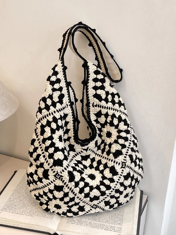 Bohemian Crochet Tote Bag For Women Hand-woven Floral Granny Square Shoulder Bag Lightweight Casual Knitted Hobo Bag