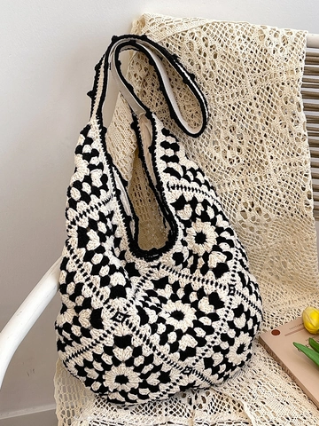 Bohemian Crochet Tote Bag For Women Hand-woven Floral Granny Square Shoulder Bag Lightweight Casual Knitted Hobo Bag