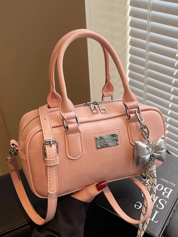 Borsa a Tracolla Boston in Pelle PU da Donna Handbag Minimalista da Pendolare Con Ciondolo a Fiocco Chic Bowling Bag