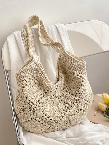 French Style Crochet Woven Tote Bag For Women Hollow Out Diamond Pattern Cotton Shoulder Bag Casual Beach Handbag