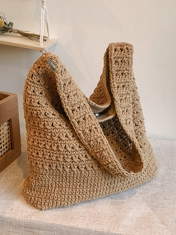Artistic Woven Tote Bag Women Large Capacity Lightweight Crochet Shoulder Bag Casual Beach Hobo Bag Solid Color PU Bag