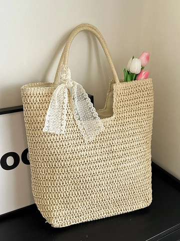 Französischer Stil Geflochtene Stroh Tragetasche Für Damen Große Kapazität Spitze Schleife Umhängetasche Lässig Urlaub Strand Handtasche