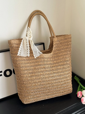 Französischer Stil Geflochtene Stroh Tragetasche Für Damen Große Kapazität Spitze Schleife Umhängetasche Lässig Urlaub Strand Handtasche