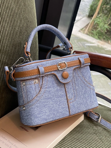 Borsa a Scatola in Tessuto Denim Trendy Borsa a Tracolla in Pelle PU Retrò per Donna Mini Borsa Quadrata Elegante e Versatile