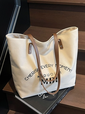 Women Large Capacity Canvas Tote Bag With Letter Print Synthetic Leather Shoulder Strap Urban Simple Casual Commuting Shoulder Bag