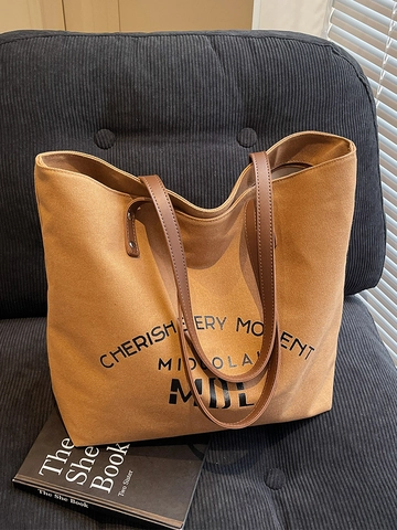 Women Large Capacity Canvas Tote Bag With Letter Print Synthetic Leather Shoulder Strap Urban Simple Casual Commuting Shoulder Bag