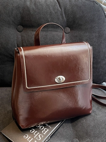 Mochila de Cuero PU Retro Británica para Mujer Gran Capacidad Color de Contraste Bolso Tote de Moda Estilo Preppy Bolsa para Laptop con Cierre Giratorio