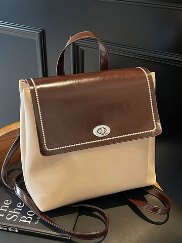Mochila de Cuero PU Retro Británica para Mujer Gran Capacidad Color de Contraste Bolso Tote de Moda Estilo Preppy Bolsa para Laptop con Cierre Giratorio
