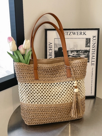 Bolso de Hombro de Paja para Mujer Gran Capacidad Color Block Bolso de Playa con Correa de Cuero PU y Borla para Vacaciones