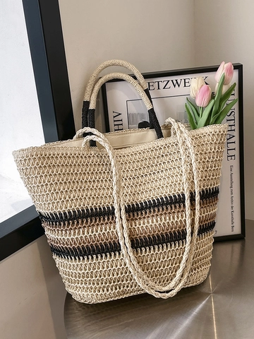 Borsa Tote Intrecciata in Paglia da Donna Grande Capacità Borsa a Tracolla a Righe di Moda Stile Bohemien Estate Spiaggia Viaggio