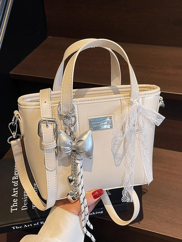 Damen Öl-Wachs PU Leder Beuteltasche Minimalistische Umhängetasche Mit Spitze Schleife Herz Anhänger Mode Schultertasche