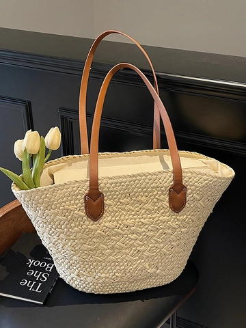 Women Large Capacity Straw Woven Tote Bag Casual Korean Style Beach Shoulder Bag With Leather Handles Solid Color Vacation Handbag