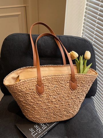 Women Large Capacity Straw Woven Tote Bag Casual Korean Style Beach Shoulder Bag With Leather Handles Solid Color Vacation Handbag