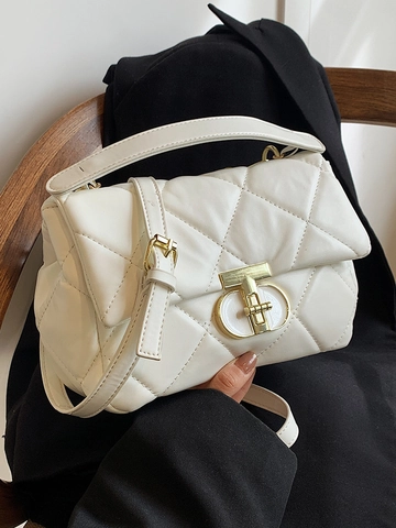 Borsa a Tracolla in Pelle PU Trapuntata Minimalista Urbana da Donna Con Serratura a T Dorata Borsetta a Spalla alla Moda