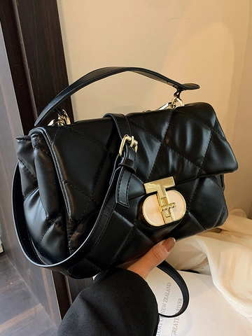 Borsa a Tracolla in Pelle PU Trapuntata Minimalista Urbana da Donna Con Serratura a T Dorata Borsetta a Spalla alla Moda