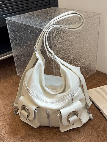 Damen Große Kapazität PU Leder Hobo Schultertasche Urban Style Tragetasche Mit Silbernen Metallringen Mehrere Taschen Lässig Pendeln