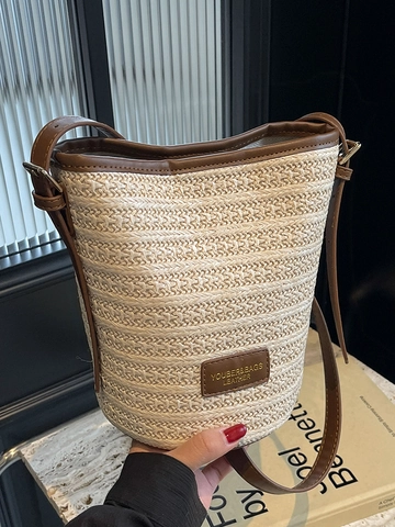 Damen Stroh Geflochtene Beuteltasche Sommer Strand Urlaub Umhängetasche Lederbesatz Verstellbarer Gurt Lässige Handtasche