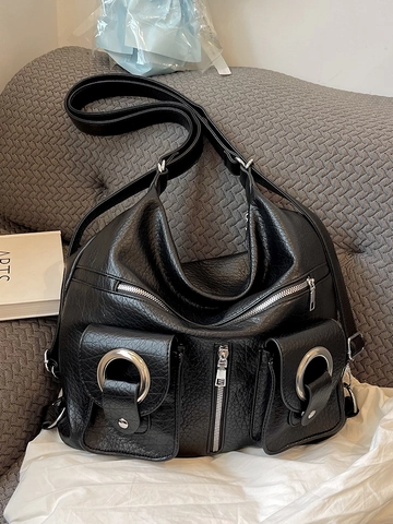 Damen Große Kapazität PU Leder Hobo Schultertasche Urban Style Tragetasche Mit Silbernen Metallringen Mehrere Taschen Lässig Pendeln