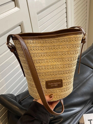 Damen Stroh Geflochtene Beuteltasche Sommer Strand Urlaub Umhängetasche Lederbesatz Verstellbarer Gurt Lässige Handtasche