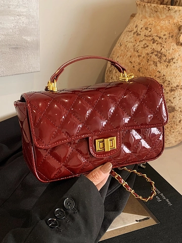Elegante Borsa a Mano da Donna in Pelle Verniciata Trapuntata Vintage Borsa a Tracolla Quadrata Con Catena D'oro Satchel da Sera