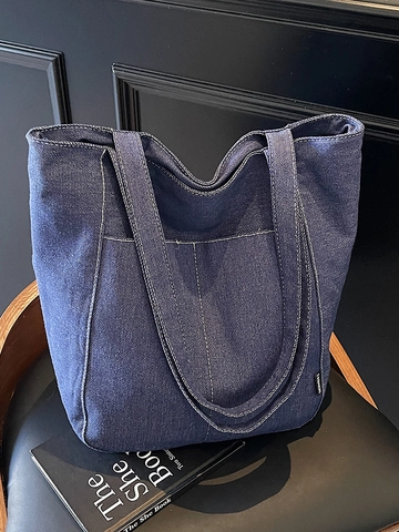 Women Large Capacity Denim Tote Bag Casual Contrast Stitching Shoulder Bag Solid Color Commuter Work School Student Handbag