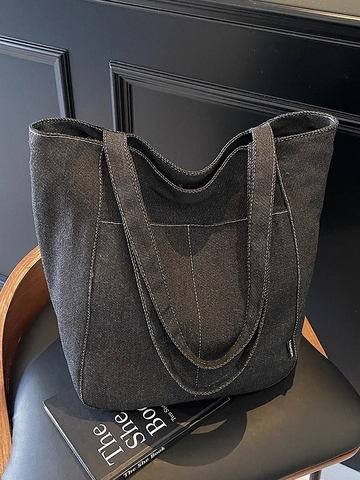 Women Large Capacity Denim Tote Bag Casual Contrast Stitching Shoulder Bag Solid Color Commuter Work School Student Handbag