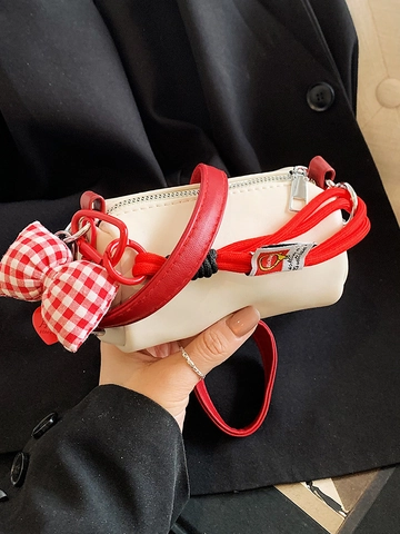Mini Bolso Bandolera Cilíndrico para Mujer Contraste de Color Nudo Bolso de Mano Con Decoración de Lazo Cuero PU Bolso Diario