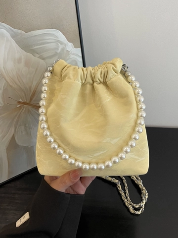 Borsa a Tracolla da Donna in Pelle PU con Manico in Perle Borsa a Secchiello Piccola Plissettata Elegante Minimalista con Catena