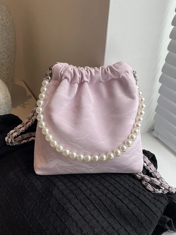 Borsa a Tracolla da Donna in Pelle PU con Manico in Perle Borsa a Secchiello Piccola Plissettata Elegante Minimalista con Catena