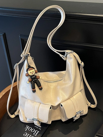 Sac Fourre-tout Retro en Cuir PU pour Femmes Multi Poches Grande Capacité Sac à Bandoulière Sac à Dos Multi Voies Avec Pendentif
