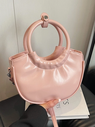 Bolso de Mano de Media Luna de Cuero PU de Moda Con Asa Redonda Color Sólido Minimalista Urbano Bandolera Versátil Mujer