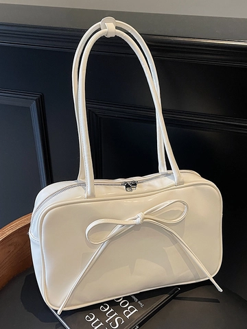 Minimalist Women Ballet Style Bow Boston Shoulder Bag PU Leather Trendy Large Capacity Daily Handbag Versatile Lady Tote