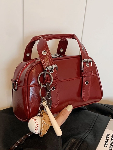 Retro PU Leather Boston Crossbody Bag For Women With Metal Eyelet Straps And Baseball Charm Small Biker Style Handbag
