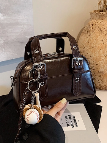 Retro PU Leather Boston Crossbody Bag For Women With Metal Eyelet Straps And Baseball Charm Small Biker Style Handbag