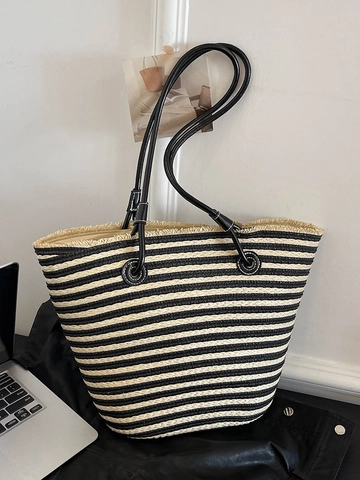 Borsa Tote Intrecciata da Donna Grande Capacità Borsa a Spalla in Paglia a Righe Con Frange Borsa a Mano Casual Estiva per Spiaggia