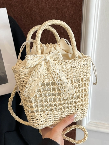 Borsa a Tracolla da Donna in Paglia Intrecciata Elegante Fiocco in Pizzo Handbag Con Fodera a Coulisse Estate Vacanza Spiaggia Borsa a Secchiello