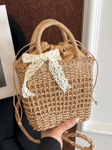 Borsa a Tracolla da Donna in Paglia Intrecciata Elegante Fiocco in Pizzo Handbag Con Fodera a Coulisse Estate Vacanza Spiaggia Borsa a Secchiello