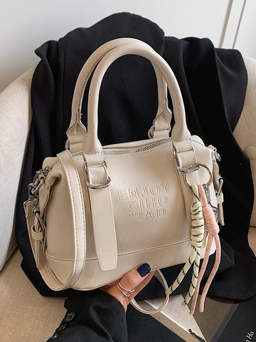 Damen Mode PU Leder Boston Kissentasche Buchstaben Prägung Handtasche Umhängetasche Mit Schläger Anhänger Alltag Tasche